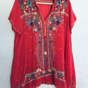 Johnny WAS Embroidery Copra Rayon Pink Tunic Top XL